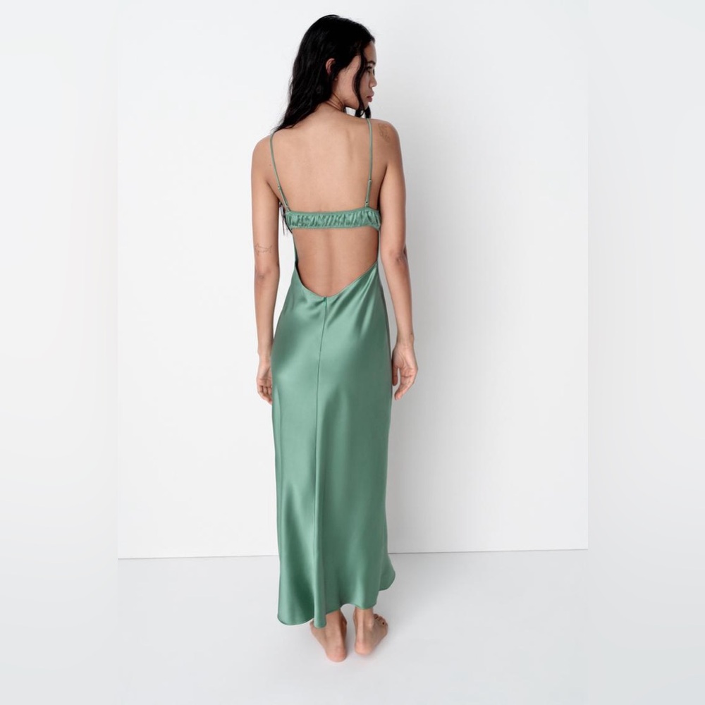 Zara Emerald Green Maxi Dress Satin Slip Wedding Evening Party - Picture 7 of 13